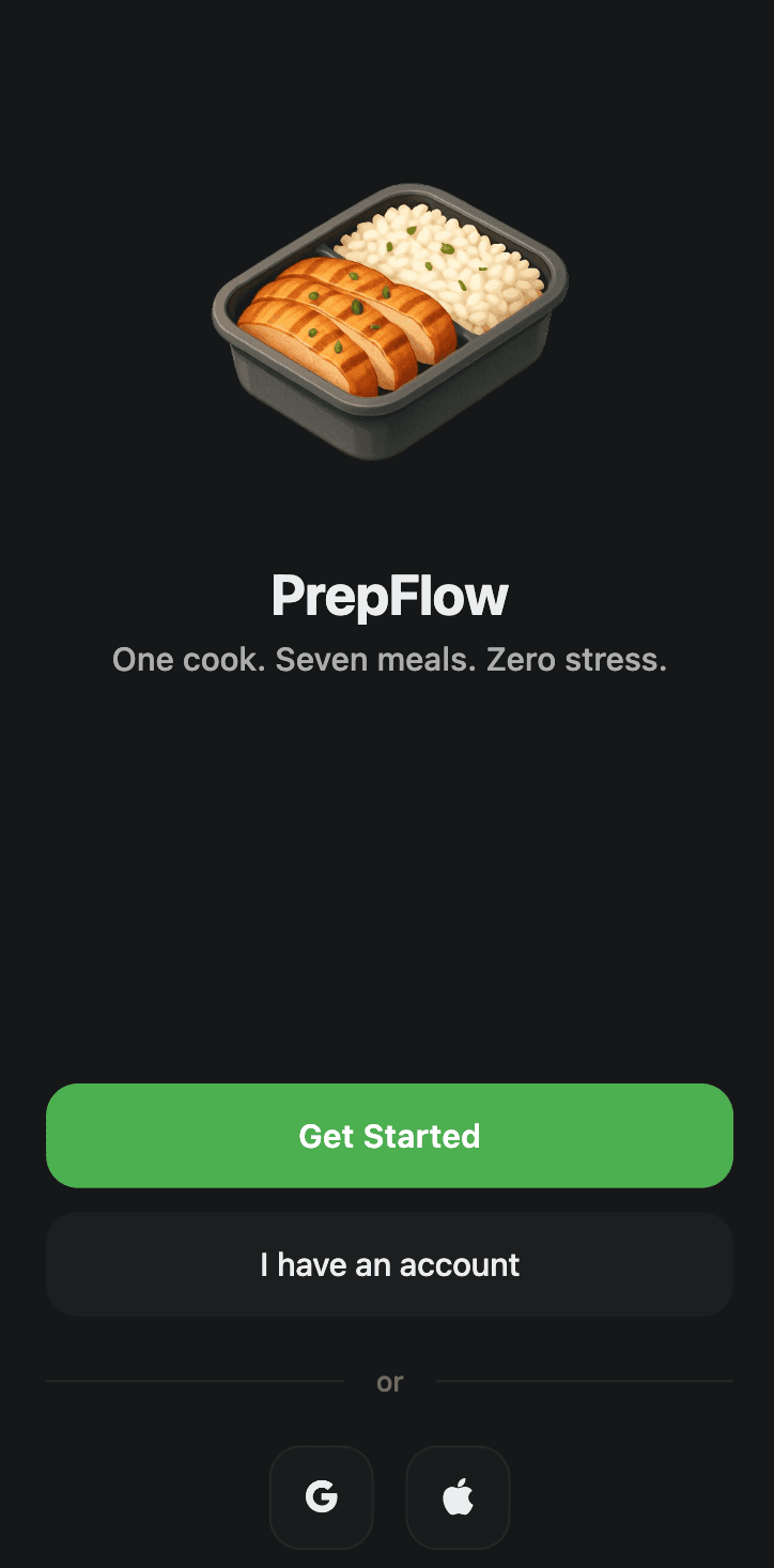 PrepFlow app welcome screen showing meal transformation interface